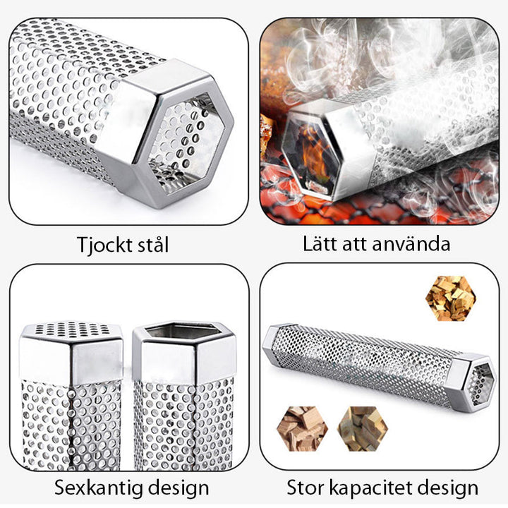 "Rostfritt stål rökrör för grill, hexagonform, köksaccessoar, perfekt för rökning av kött och fisk, hållbar och stabil."
