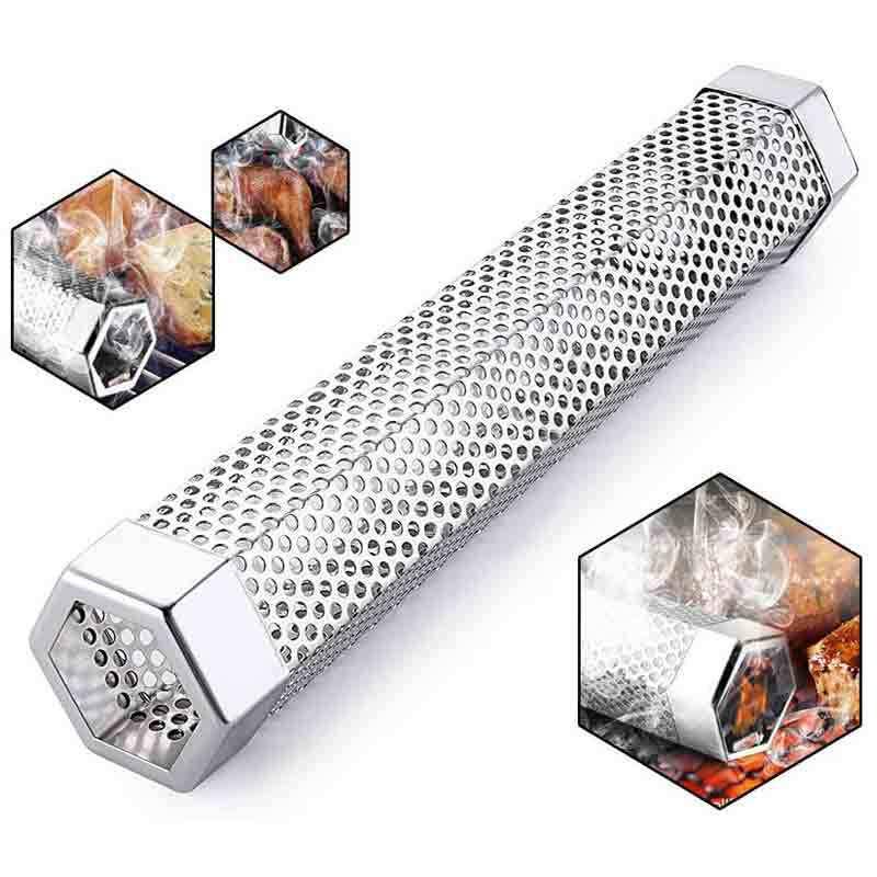 "Rostfritt stål rökrör för grill, hexagonform, köksaccessoar, perfekt för rökning av kött och fisk, hållbar och stabil."