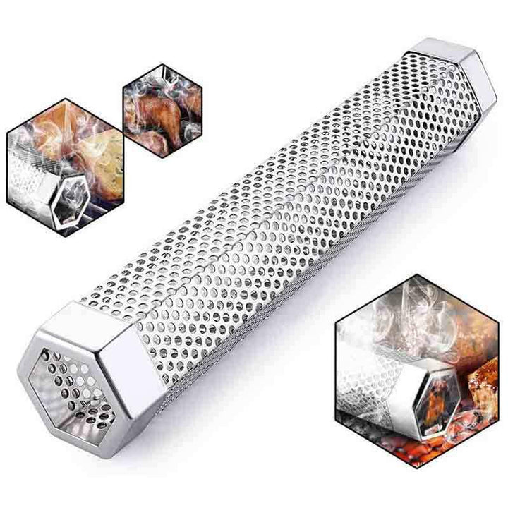 "Rostfritt stål rökrör för grill, hexagonform, köksaccessoar, perfekt för rökning av kött och fisk, hållbar och stabil."