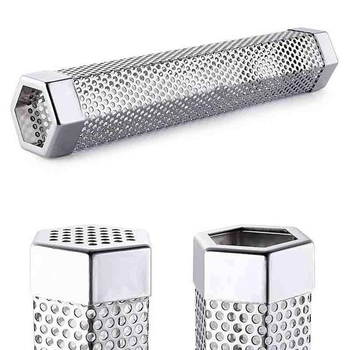 "Rostfritt stål rökrör för grill, hexagonform, köksaccessoar, perfekt för rökning av kött och fisk, hållbar och stabil."