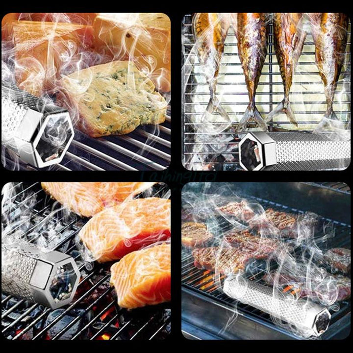 "Rostfritt stål rökrör för grill, hexagonform, köksaccessoar, perfekt för rökning av kött och fisk, hållbar och stabil."