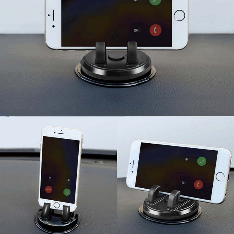 "Roterande bil mobilhållare med sugkopp, tillgänglig i svart eller silver, för säker telefonplacering under körning."