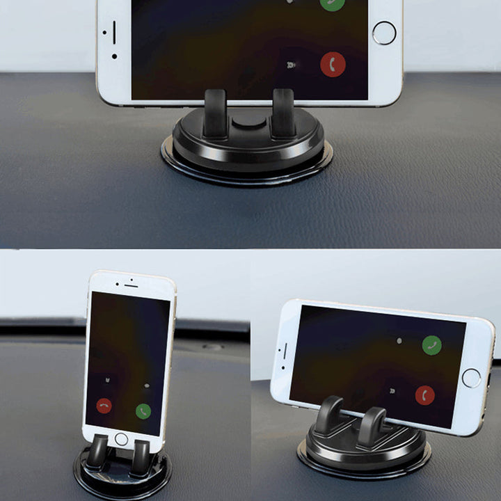 "Roterande bil mobilhållare med sugkopp, tillgänglig i svart eller silver, för säker telefonplacering under körning."