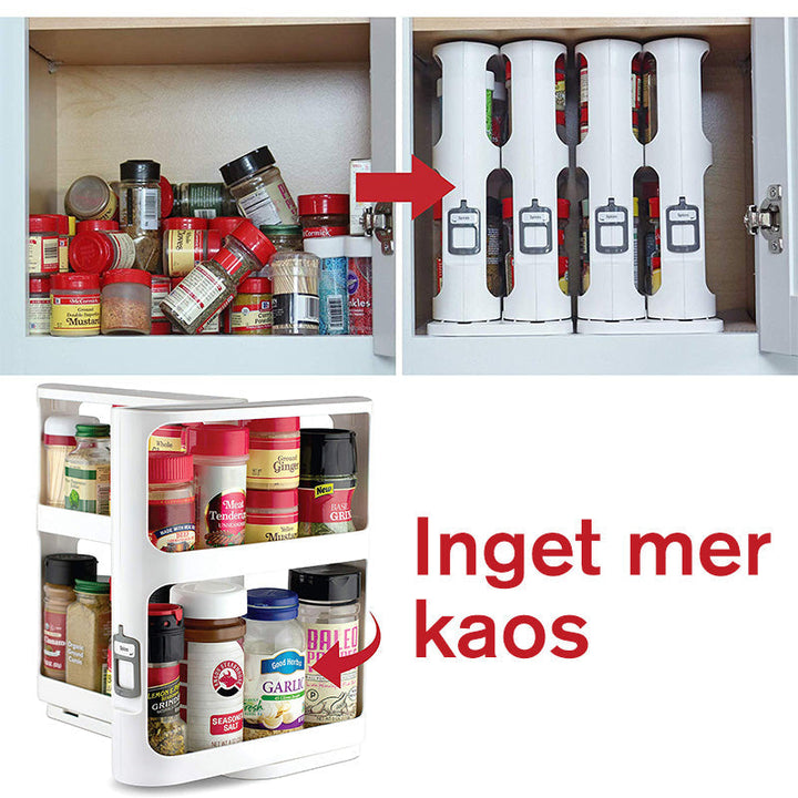 Roterande köksförvaringsställ, vit PP, platsbesparande design med elegant hyllkonstruktion för flaskor och burkar.