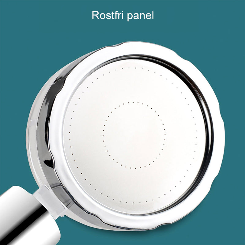 "Roterbar högtrycksdesign duschhuvud i modern stil, förbättrar vattentryck, silverfärgat med filtreringsfunktion."