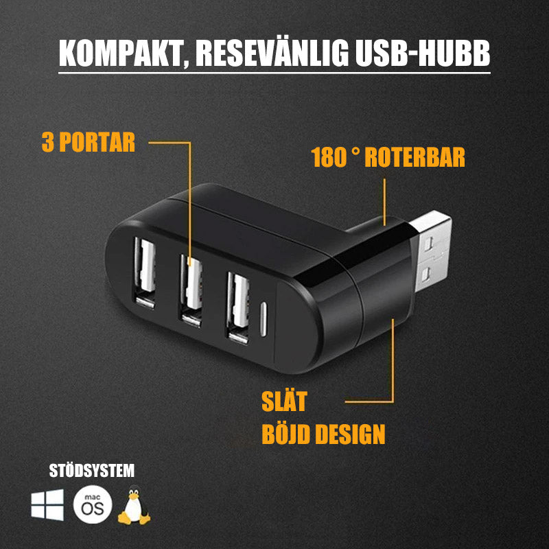 "Roterbart USB-nav med 3 portar, kompakt design, 180 graders rörlighet, optimerar enhetshantering effektivt"