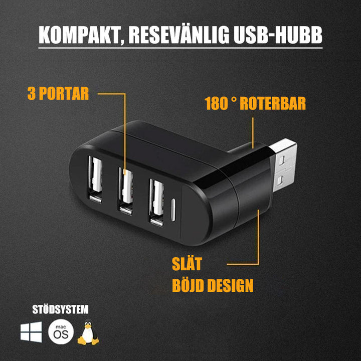 "Roterbart USB-nav med 3 portar, kompakt design, 180 graders rörlighet, optimerar enhetshantering effektivt"