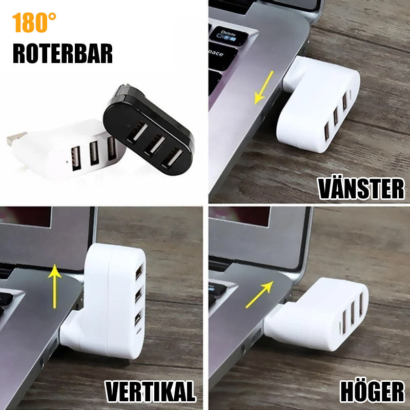 "Roterbart USB-nav med 3 portar, kompakt design, 180 graders rörlighet, optimerar enhetshantering effektivt"