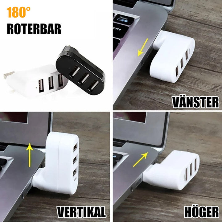 "Roterbart USB-nav med 3 portar, kompakt design, 180 graders rörlighet, optimerar enhetshantering effektivt"