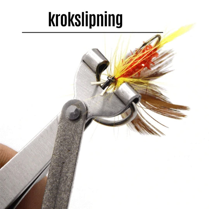 "Rött och svart knutverktyg för fiske, kompakt design, hållbar rostfri metall med halkfritt grepp."