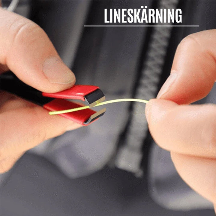 "Rött och svart knutverktyg för fiske, kompakt design, hållbar rostfri metall med halkfritt grepp."