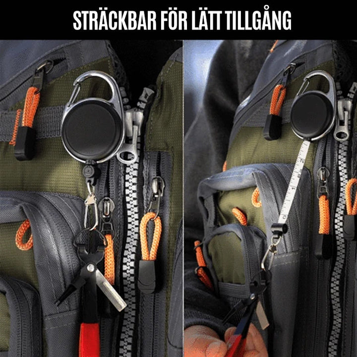 "Rött och svart knutverktyg för fiske, kompakt design, hållbar rostfri metall med halkfritt grepp."