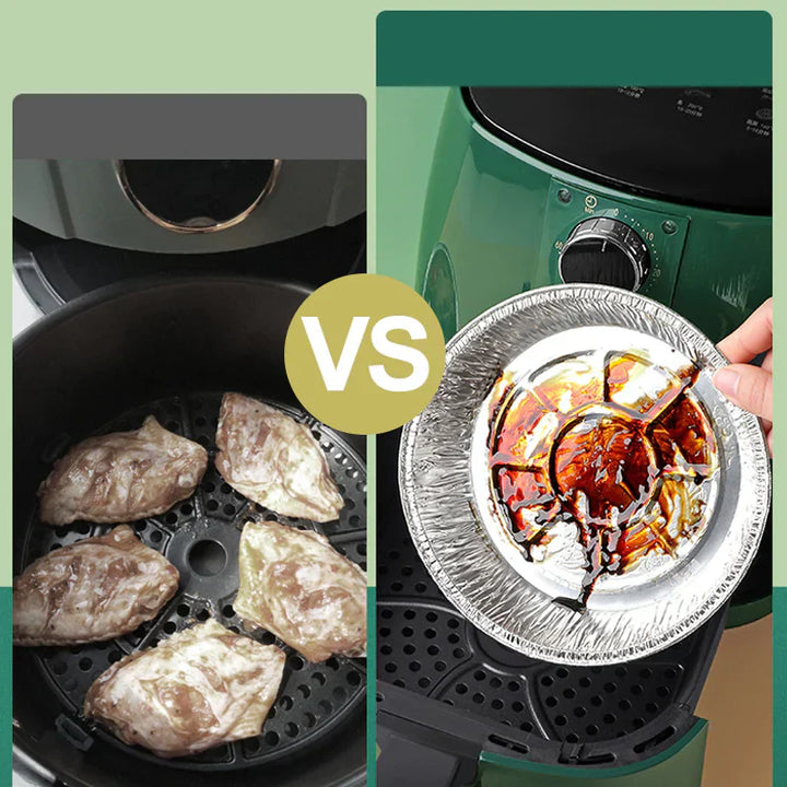 Rund foliebricka i aluminium, slittålig och skålformad, idealisk för mikrovågsugn och air fryer, förenklar matlagning.