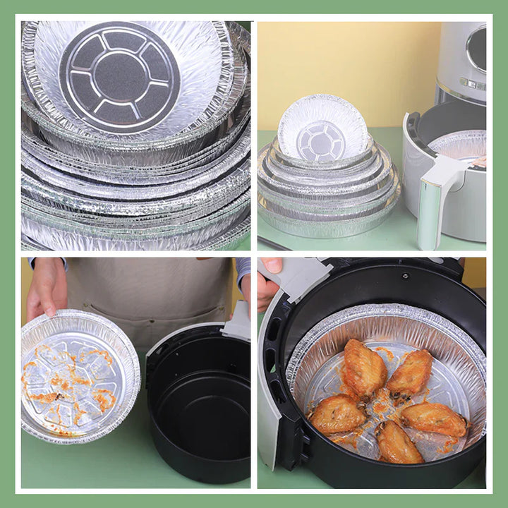 Rund foliebricka i aluminium, slittålig och skålformad, idealisk för mikrovågsugn och air fryer, förenklar matlagning.