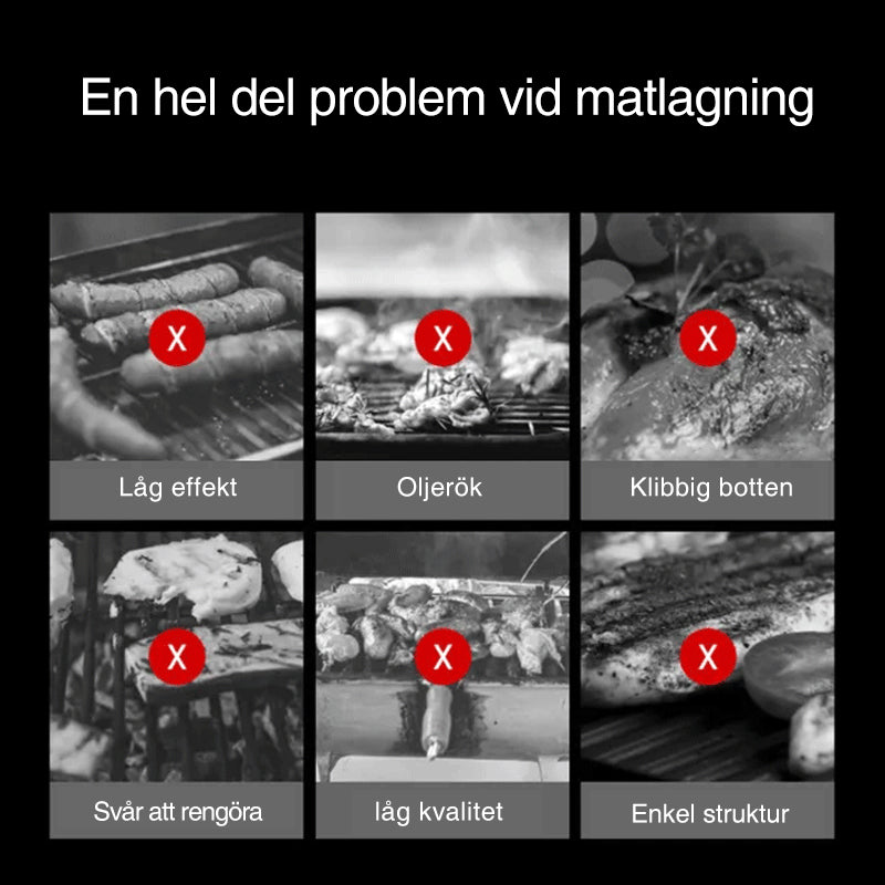 Rund non-stick stekpanna i svart aluminiumlegering med två öronhandtag, idealisk för grillmatlagning utomhus.