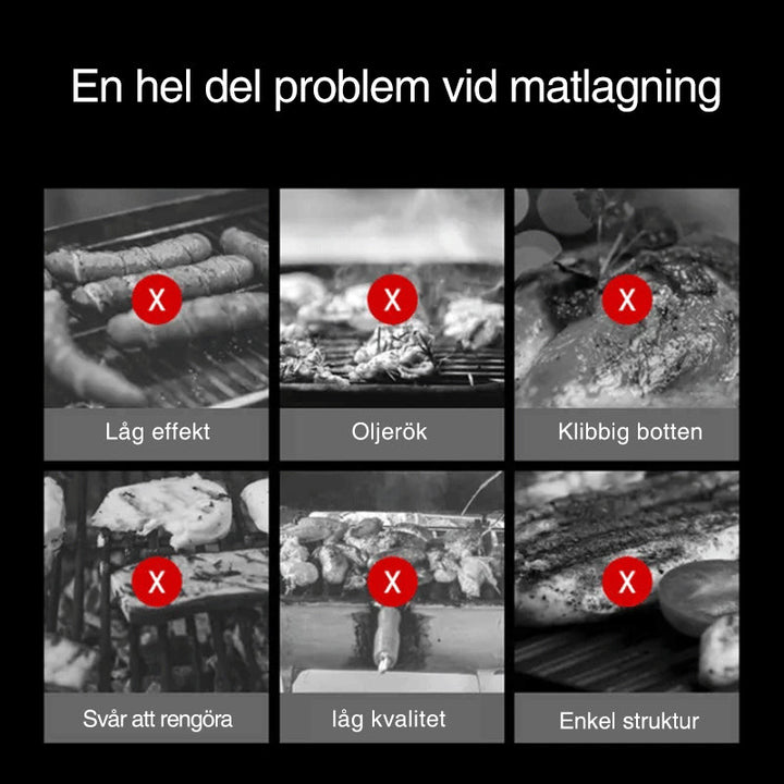 Rund non-stick stekpanna i svart aluminiumlegering med två öronhandtag, idealisk för grillmatlagning utomhus.