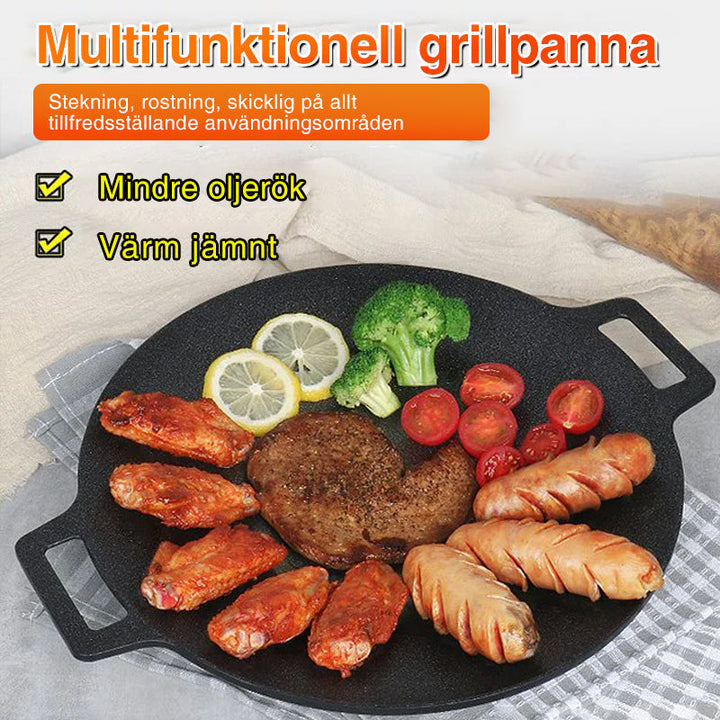 Rund non-stick stekpanna i svart aluminiumlegering med två öronhandtag, idealisk för grillmatlagning utomhus.