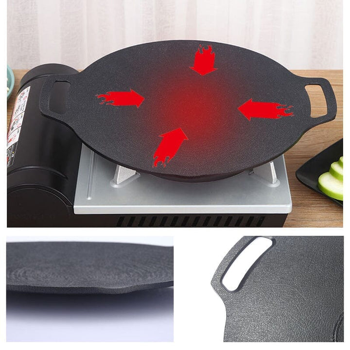 Rund non-stick stekpanna i svart aluminiumlegering med två öronhandtag, idealisk för grillmatlagning utomhus.