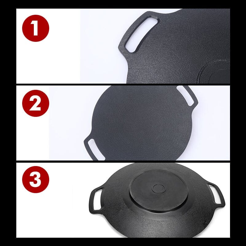 Rund non-stick stekpanna i svart aluminiumlegering med två öronhandtag, idealisk för grillmatlagning utomhus.