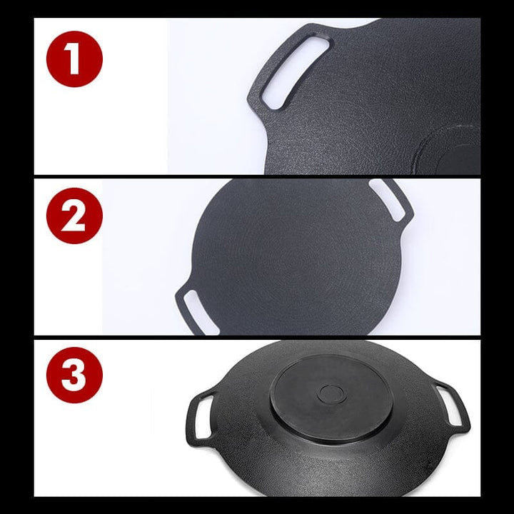 Rund non-stick stekpanna i svart aluminiumlegering med två öronhandtag, idealisk för grillmatlagning utomhus.