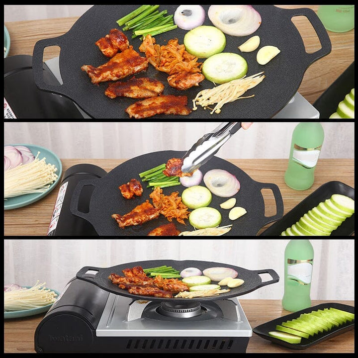 Rund non-stick stekpanna i svart aluminiumlegering med två öronhandtag, idealisk för grillmatlagning utomhus.