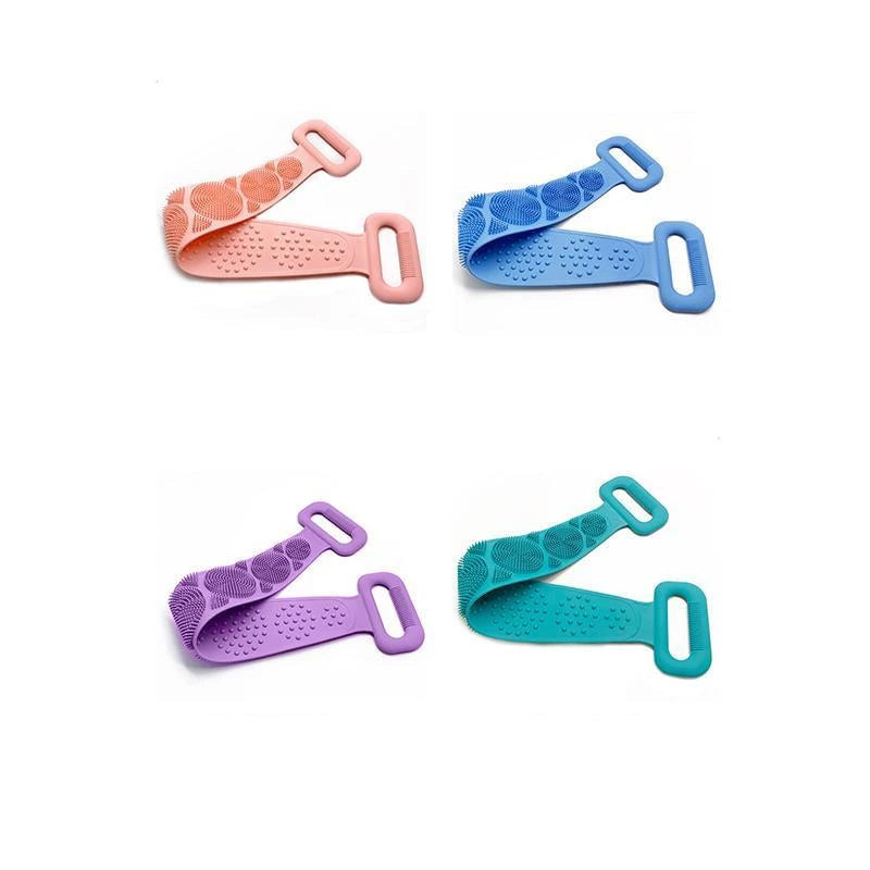 "Ryggbälte för dusch skrubb i silikon med dubbel borstdesign för djuprengöring och peeling, finns i flera färger."