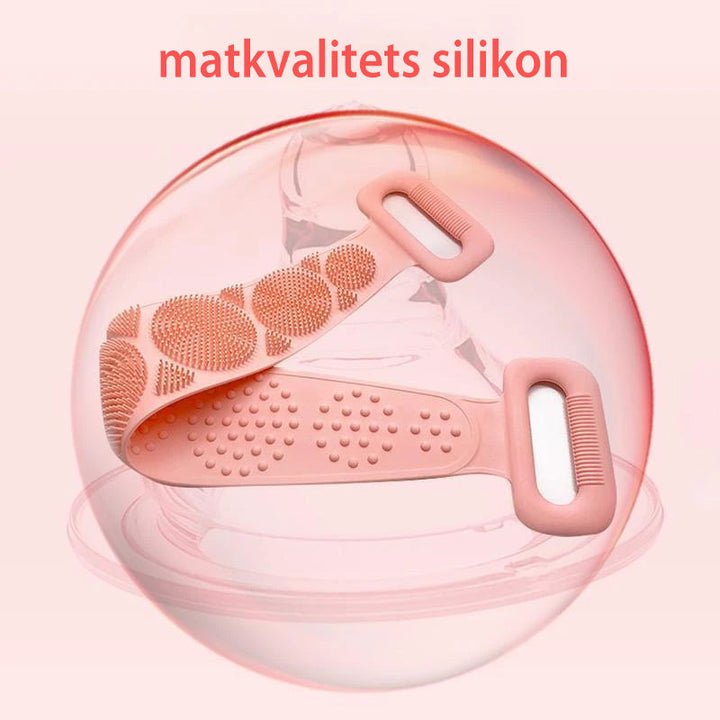 "Ryggbälte för dusch skrubb i silikon med dubbel borstdesign för djuprengöring och peeling, finns i flera färger."