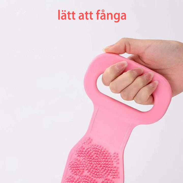 "Ryggbälte för dusch skrubb i silikon med dubbel borstdesign för djuprengöring och peeling, finns i flera färger."