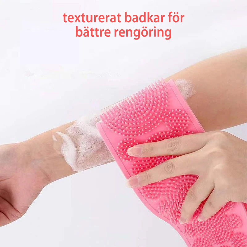 "Ryggbälte för dusch skrubb i silikon med dubbel borstdesign för djuprengöring och peeling, finns i flera färger."