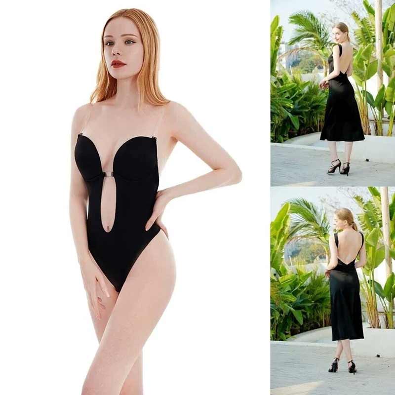 "Rygglös shapewear bh i beige nylon, designad för osynlighet, stöd och silkeslen känsla under rygglösa klänningar."