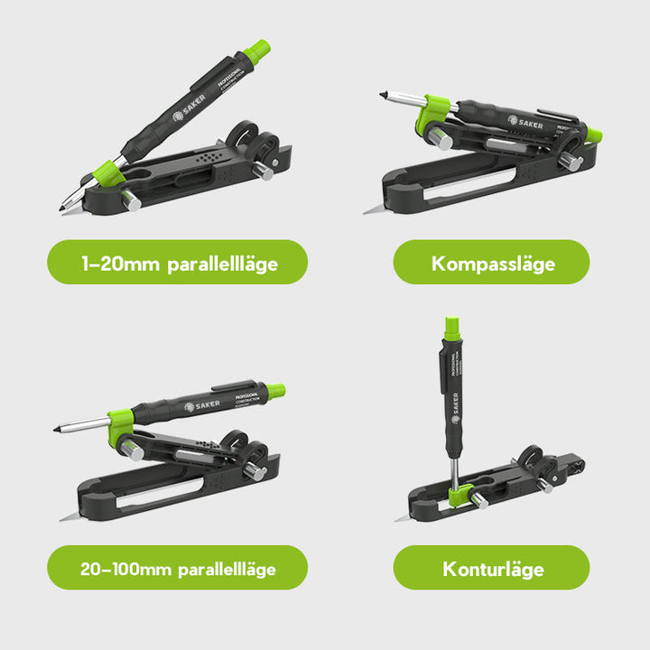 "Säker multifunktionskonstruktionspenna, kompakt grönt och svart design, ideal för precision i byggprojekt"
