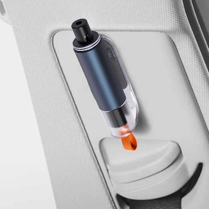 "Säkerhetshammare för nyttofordon, 2-i-1 verktyg, blå färg, kompakt design, hammare och säkerhetsbältesklippare."