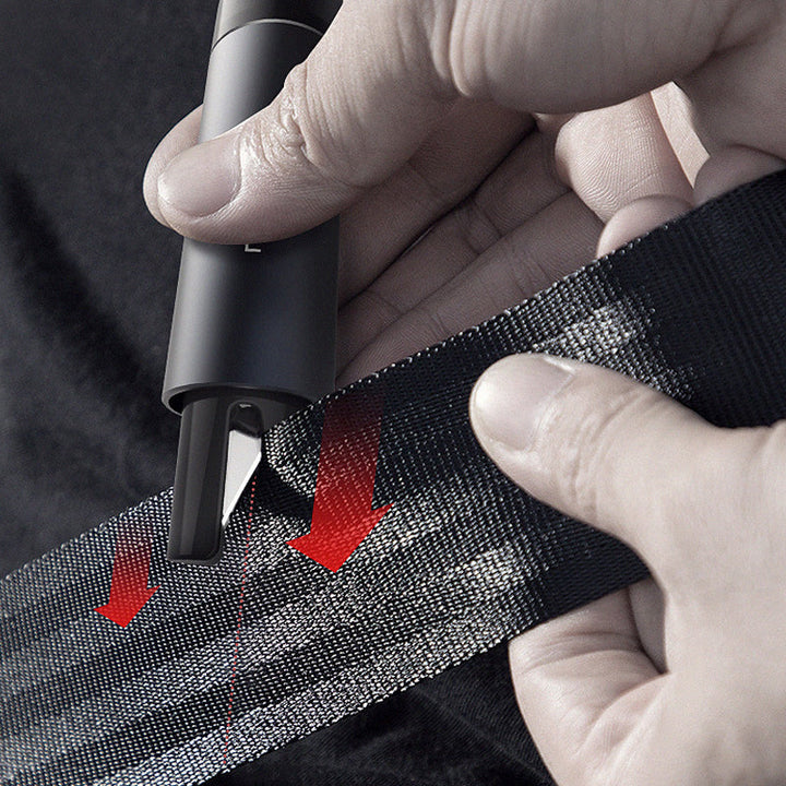 "Säkerhetshammare för nyttofordon, 2-i-1 verktyg, blå färg, kompakt design, hammare och säkerhetsbältesklippare."