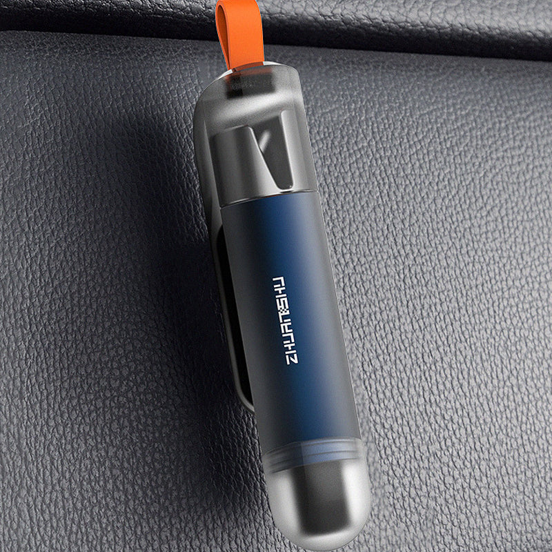 "Säkerhetshammare för nyttofordon, 2-i-1 verktyg, blå färg, kompakt design, hammare och säkerhetsbältesklippare."