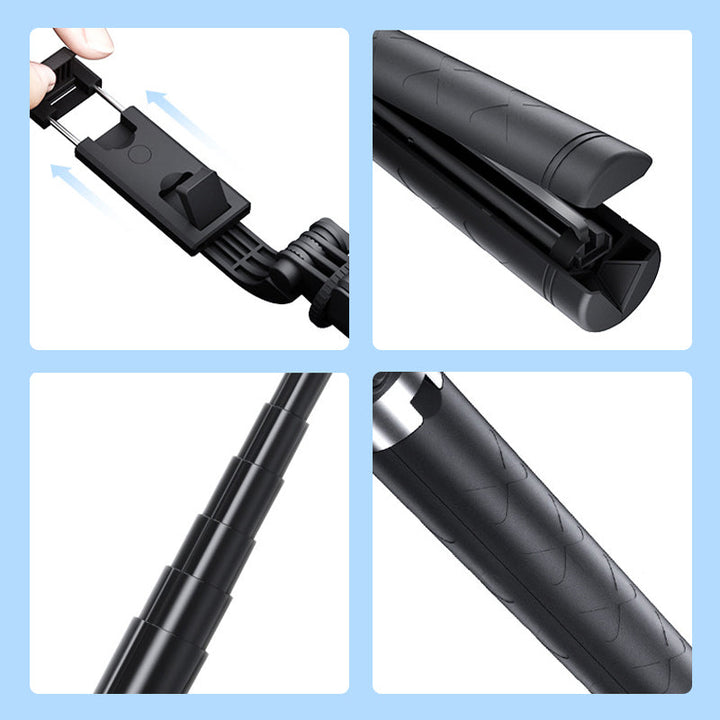 "Selfiepinne med dimbart LED-ljus och Bluetooth-fjärrkontroll, svart och vit, kompakt och bärbar, perfekt för nattbilder."