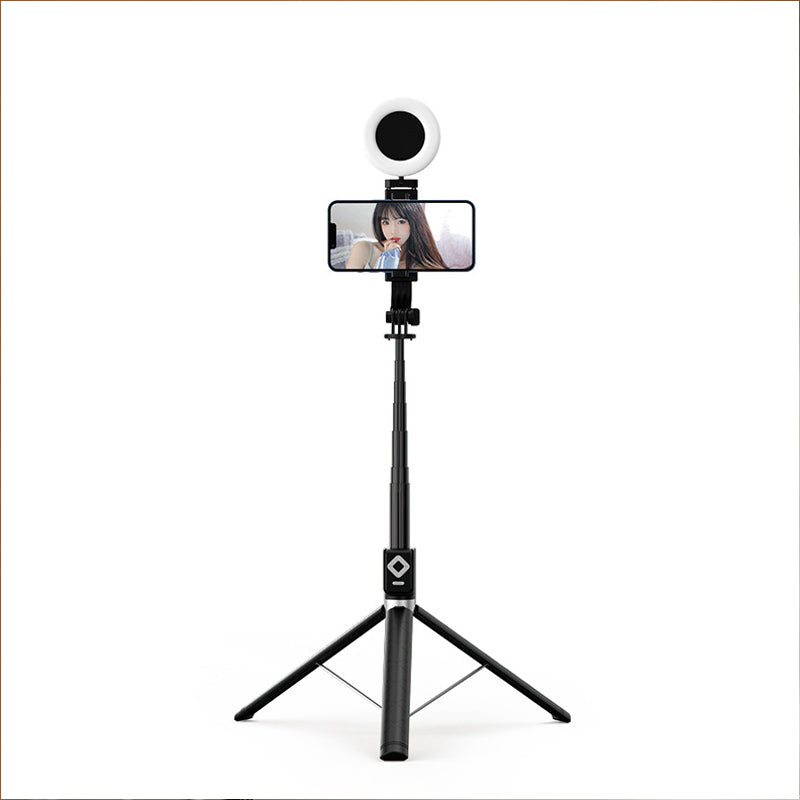 "Selfiepinne med dimbart LED-ljus och Bluetooth-fjärrkontroll, svart och vit, kompakt och bärbar, perfekt för nattbilder."