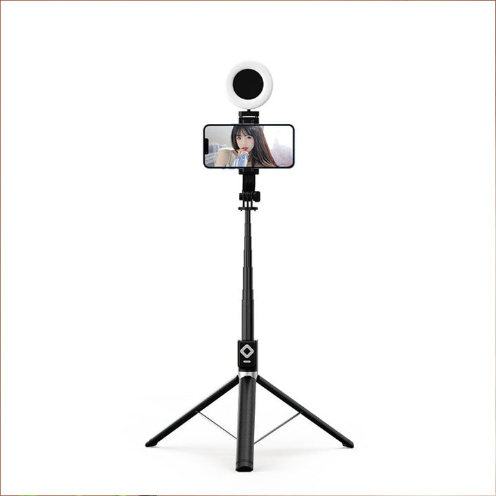 "Selfiepinne med dimbart LED-ljus och Bluetooth-fjärrkontroll, svart och vit, kompakt och bärbar, perfekt för nattbilder."