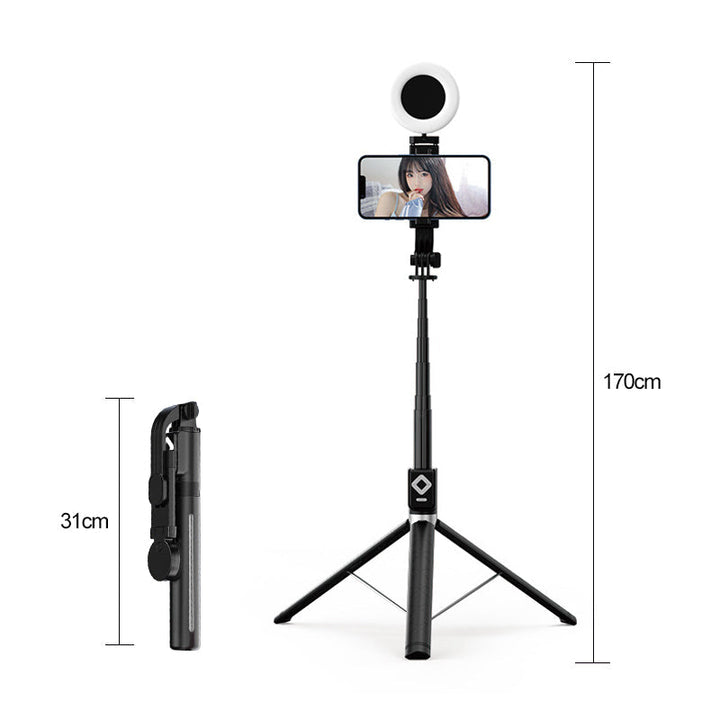 "Selfiepinne med dimbart LED-ljus och Bluetooth-fjärrkontroll, svart och vit, kompakt och bärbar, perfekt för nattbilder."