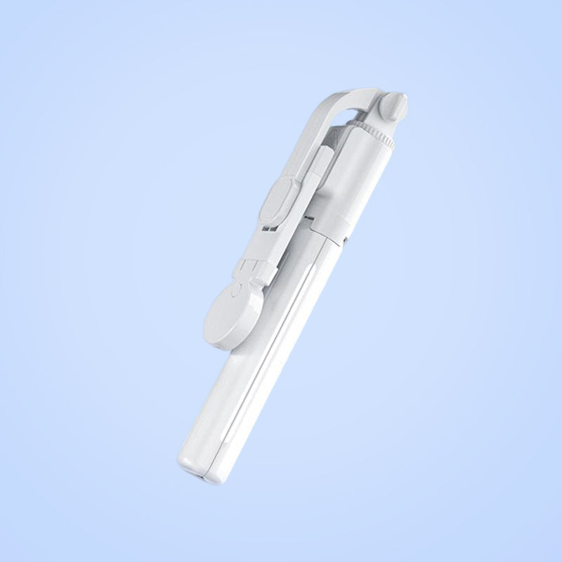 "Selfiepinne med dimbart LED-ljus och Bluetooth-fjärrkontroll, svart och vit, kompakt och bärbar, perfekt för nattbilder."