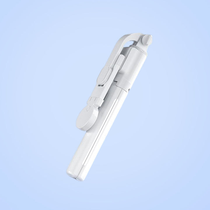 "Selfiepinne med dimbart LED-ljus och Bluetooth-fjärrkontroll, svart och vit, kompakt och bärbar, perfekt för nattbilder."