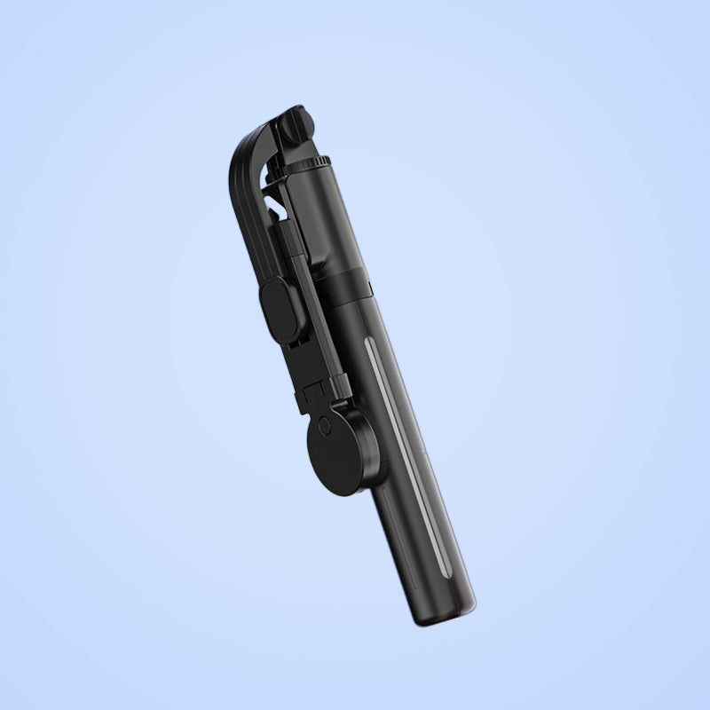 "Selfiepinne med dimbart LED-ljus och Bluetooth-fjärrkontroll, svart och vit, kompakt och bärbar, perfekt för nattbilder."