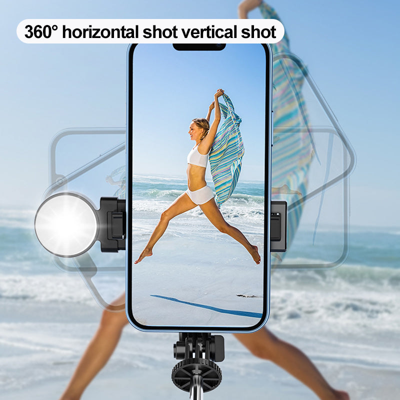 "Selfiepinne med dimbart LED-ljus och Bluetooth-fjärrkontroll, svart och vit, kompakt och bärbar, perfekt för nattbilder."