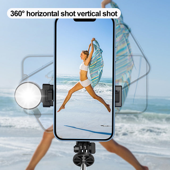 "Selfiepinne med dimbart LED-ljus och Bluetooth-fjärrkontroll, svart och vit, kompakt och bärbar, perfekt för nattbilder."