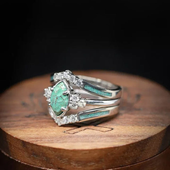 "Set med turkos diamantringar för kvinnor, justerbar storlek, silver och guld ton, geometrisk form, 3 delar."