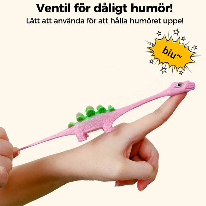 "Set om 10 fingerleksaker med dinosaurieslungor i färgglada mönster, perfekt för barn att leka och lära sig om dinosaurier."