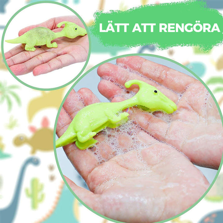 "Set om 10 fingerleksaker med dinosaurieslungor i färgglada mönster, perfekt för barn att leka och lära sig om dinosaurier."