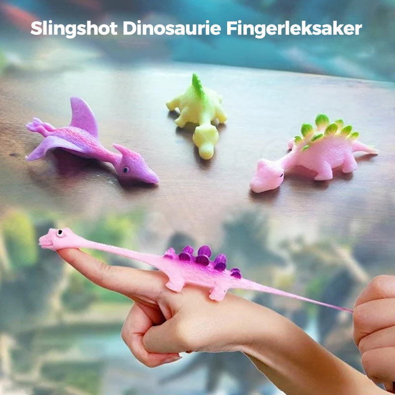"Set om 10 fingerleksaker med dinosaurieslungor i färgglada mönster, perfekt för barn att leka och lära sig om dinosaurier."