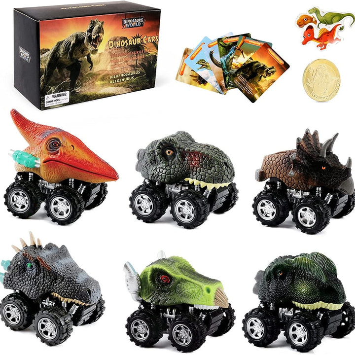Sex färgglada dinodragbilar för barnlek, inklusive T-Rex, Triceratops, och Stegosaurus, redo för action.