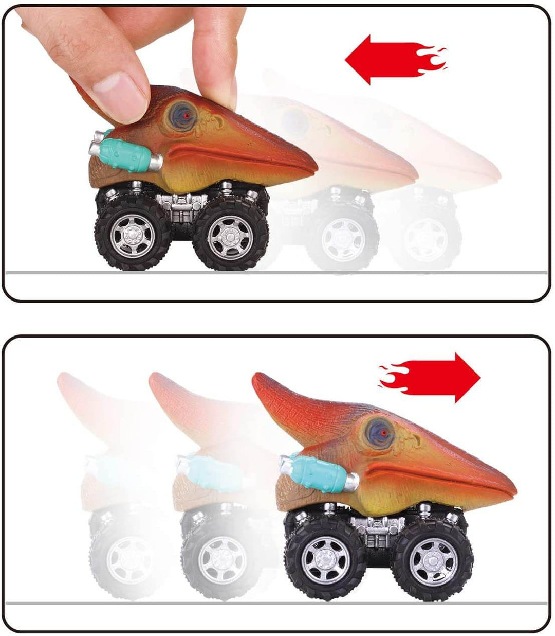 Barnhand som leker med en Stegosaurus dragbil, betonar storleken på de lätthanterliga lekfordonen.