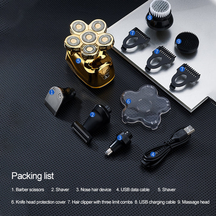 "Sexbladig elektrisk rakapparat för män med ergonomisk design, svart färg, nära rakning, 6D flytande huvud."